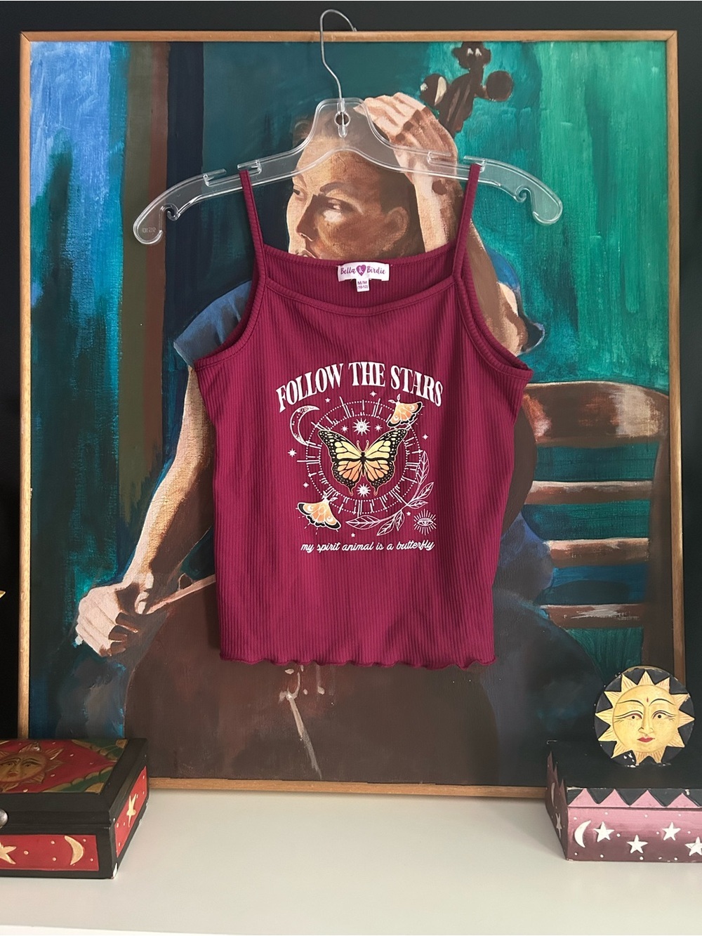 Bella & Birdie Butterfly Graphic Ribbed Cami Tank Top Burgundy Girls 10-12 Y2K